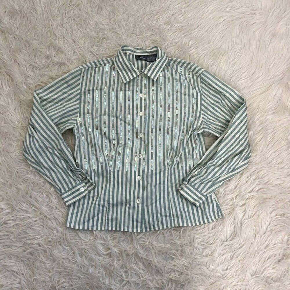 Lizwear Liz Claiborne Deadstock Y2K Pinstripe Blue & White Sequin Shirt Small P